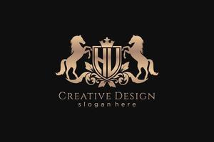 initial HU Retro golden crest with shield and two horses, badge template with scrolls and royal crown - perfect for luxurious branding projects