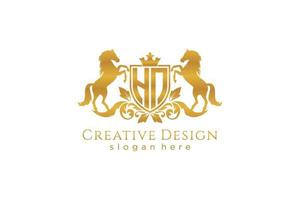 initial HN Retro golden crest with shield and two horses, badge template with scrolls and royal crown - perfect for luxurious branding projects vector
