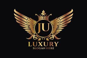 Luxury royal wing Letter JU crest Gold color Logo vector, Victory logo, crest logo, wing logo, vector logo template.