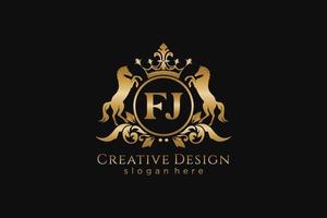 initial FJ Retro golden crest with circle and two horses, badge template with scrolls and royal crown - perfect for luxurious branding projects vector