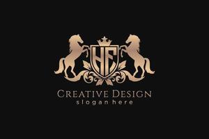 initial HF Retro golden crest with shield and two horses, badge template with scrolls and royal crown - perfect for luxurious branding projects vector