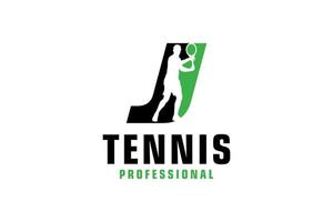 Letter J with Tennis player silhouette Logo Design. Vector Design Template Elements for Sport Team or Corporate Identity.