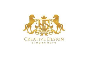 initial HS Retro golden crest with shield and two horses, badge template with scrolls and royal crown - perfect for luxurious branding projects vector