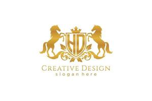 initial HD Retro golden crest with shield and two horses, badge template with scrolls and royal crown - perfect for luxurious branding projects vector