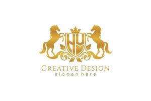 initial HV Retro golden crest with shield and two horses, badge template with scrolls and royal crown - perfect for luxurious branding projects vector