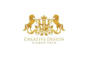 initial HV Retro golden crest with shield and two horses, badge template with scrolls and royal crown - perfect for luxurious branding projects vector