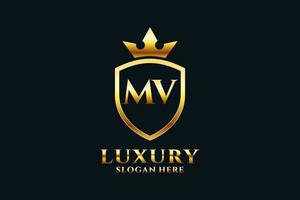 initial MV elegant luxury monogram logo or badge template with scrolls and royal crown - perfect for luxurious branding projects vector