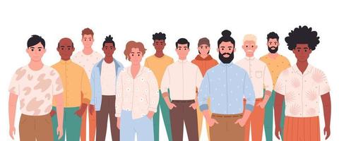 Men of different age, races, appearance. Multicultural society. Social diversity of people in modern society. Fashionable casual outfit. vector