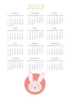 Calendar 2023 design template with cute rabbit. Year of the Rabbit. Sunday start calendar vector