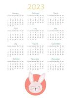 Calendar 2023 design template with cute rabbit. Year of the Rabbit. Sunday start calendar vector