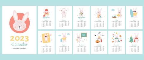 Calendar 2023 design template with cute rabbits. Year of the Rabbit. Collection of 12 vertical templates and cover. Sunday start calendar vector