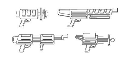 Vector line art blasters collection. Toy gun set coloring page. Futuristic weapon design. Space game gun outline icons on white background