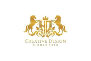 initial HQ Retro golden crest with shield and two horses, badge template with scrolls and royal crown - perfect for luxurious branding projects vector