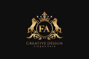 initial FA Retro golden crest with circle and two horses, badge template with scrolls and royal crown - perfect for luxurious branding projects vector