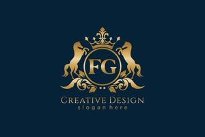 initial FG Retro golden crest with circle and two horses, badge template with scrolls and royal crown - perfect for luxurious branding projects vector