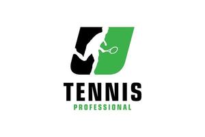 letra u con diseño de logotipo de silueta de jugador de tenis. elementos de plantilla de diseño vectorial para equipo deportivo o identidad corporativa. vector