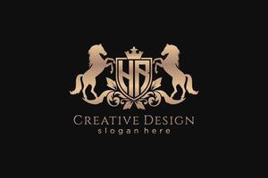 initial HR Retro golden crest with shield and two horses, badge template with scrolls and royal crown - perfect for luxurious branding projects vector