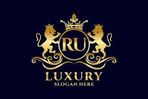 Initial RU Letter Lion Royal Luxury Logo template in vector art for luxurious branding projects and other vector illustration.