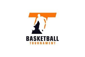 Letter T with Basketball Logo Design. Vector Design Template Elements for Sport Team or Corporate Identity.