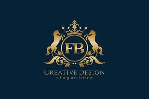 initial FB Retro golden crest with circle and two horses, badge template with scrolls and royal crown - perfect for luxurious branding projects vector