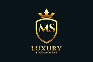 initial MS elegant luxury monogram logo or badge template with scrolls and royal crown - perfect for luxurious branding projects vector