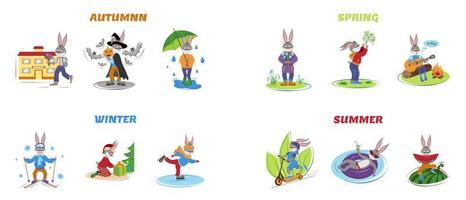 Illustrations with the rabbit symbol 2023 for calendars and planners. Covers and pages for 12 months hare character of the year mascot. Flat cartoon template. Winter, spring, summer, autumn. vector