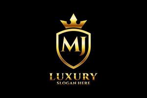 initial MJ elegant luxury monogram logo or badge template with scrolls and royal crown - perfect for luxurious branding projects vector