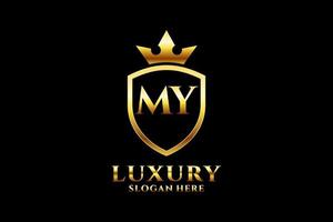 initial MY elegant luxury monogram logo or badge template with scrolls and royal crown - perfect for luxurious branding projects vector