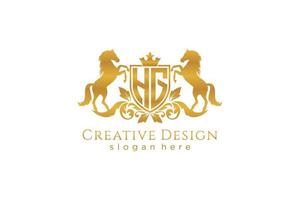 initial HG Retro golden crest with shield and two horses, badge template with scrolls and royal crown - perfect for luxurious branding projects vector
