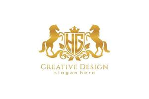 initial HG Retro golden crest with shield and two horses, badge template with scrolls and royal crown - perfect for luxurious branding projects vector