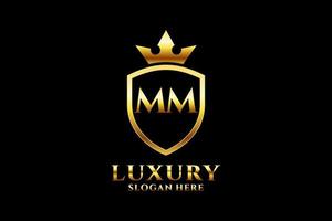 initial MM elegant luxury monogram logo or badge template with scrolls and royal crown - perfect for luxurious branding projects vector
