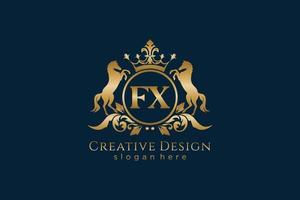 initial FX Retro golden crest with circle and two horses, badge template with scrolls and royal crown - perfect for luxurious branding projects vector