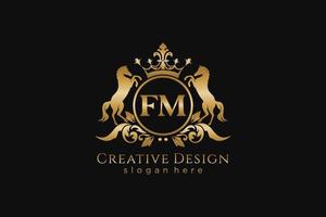 initial FM Retro golden crest with circle and two horses, badge template with scrolls and royal crown - perfect for luxurious branding projects vector