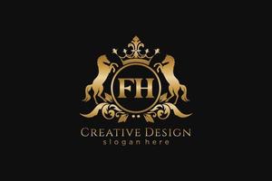 initial FH Retro golden crest with circle and two horses, badge template with scrolls and royal crown - perfect for luxurious branding projects vector