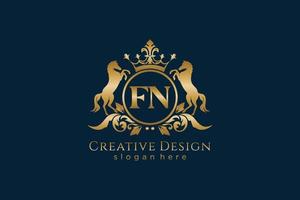 initial FN Retro golden crest with circle and two horses, badge template with scrolls and royal crown - perfect for luxurious branding projects vector