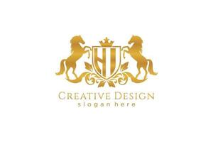 initial HI Retro golden crest with shield and two horses, badge template with scrolls and royal crown - perfect for luxurious branding projects vector