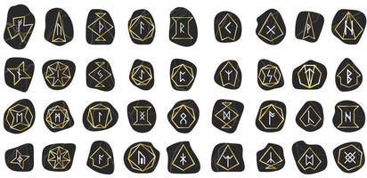 Rune. Set of Doodle Black Texture Stone with Gold Gradient Frame. Mystical, Esoteric, Occult, Magic Glyphs. For Game Interface. vector