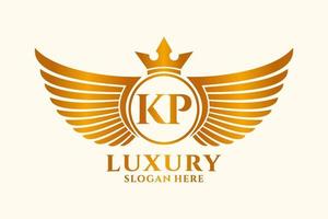 letra de ala real de lujo kp cresta vector de logotipo de color dorado, logotipo de victoria, logotipo de cresta, logotipo de ala, plantilla de logotipo vectorial.