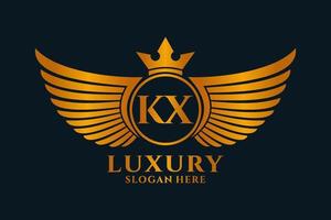 letra de ala real de lujo kx cresta vector de logotipo de color dorado, logotipo de victoria, logotipo de cresta, logotipo de ala, plantilla de logotipo vectorial.