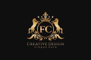 initial FC Retro golden crest with circle and two horses, badge template with scrolls and royal crown - perfect for luxurious branding projects vector