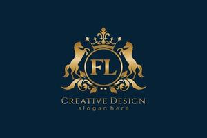 initial FL Retro golden crest with circle and two horses, badge template with scrolls and royal crown - perfect for luxurious branding projects vector