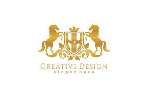 initial HX Retro golden crest with shield and two horses, badge template with scrolls and royal crown - perfect for luxurious branding projects vector