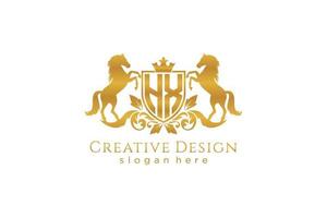 initial HX Retro golden crest with shield and two horses, badge template with scrolls and royal crown - perfect for luxurious branding projects vector