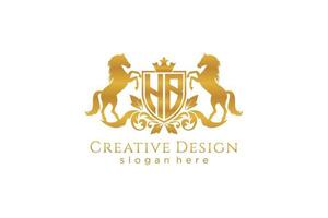 initial HB Retro golden crest with shield and two horses, badge template with scrolls and royal crown - perfect for luxurious branding projects vector
