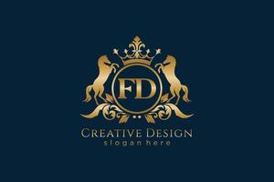 initial FD Retro golden crest with circle and two horses, badge template with scrolls and royal crown - perfect for luxurious branding projects vector