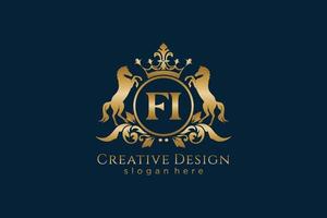 initial FI Retro golden crest with circle and two horses, badge template with scrolls and royal crown - perfect for luxurious branding projects vector