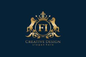 initial FI Retro golden crest with circle and two horses, badge template with scrolls and royal crown - perfect for luxurious branding projects vector