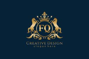 initial FQ Retro golden crest with circle and two horses, badge template with scrolls and royal crown - perfect for luxurious branding projects vector