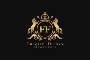 initial FF Retro golden crest with circle and two horses, badge template with scrolls and royal crown - perfect for luxurious branding projects vector