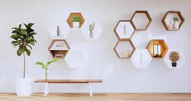 Hexagon wooden shelf japanese on wall background.3D rendering photo